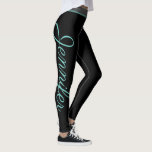 Custom teal stripe elegant script yoga and fitness leggings<br><div class="desc">Custom teal stripe elegant script yoga and fitness Leggings. Trendy workout pants with personalised name. Sporty clothing for women and girls. Personalizable black tights in any colour combination. Make your own for gym, dance, training, meditation and more. Add your own text down the legs on both sides. Pretty typography template....</div>