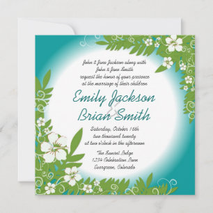 Custom teal white hibiscus wedding invitations