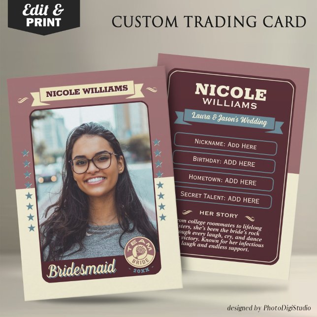 Custom Team Bride Trading Card, Bridesmaids Gifts Calling Card (Custom Team Bride Trading Card, Bridesmaids Gifts Maid of Honor Trading Card, Retro Wedding Cards)
