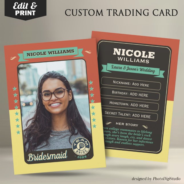 Custom Team Bride Trading Card, Bridesmaids Gifts Calling Card (Custom Team Bride Trading Card, Bridesmaids Gifts Maid of Honor Trading Card, Retro Wedding Cards)
