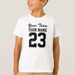 Custom Team Name Number Kids Sports Jersey T-Shirt<br><div class="desc">This customisable kids sports jersey t-shirt has room in the template for your text. Replace the sample words with your own. There is room on both the front and back of the shirt for your name or text and number. You can delete one side if you want it printed on...</div>