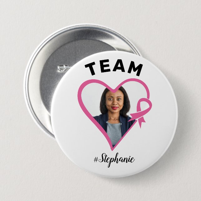 Custom Team Support Pink Ribbon Heart Photo 7.5 Cm Round Badge (Front & Back)