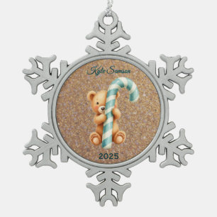 Custom Teddy Bear And Blue Candy Cane Snowflake Pewter Christmas Ornament