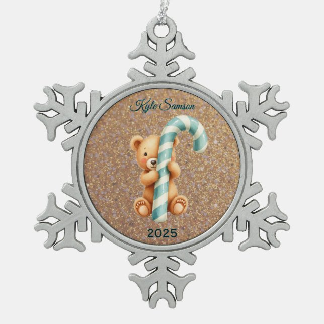 Custom Teddy Bear And Blue Candy Cane  Snowflake Pewter Christmas Ornament (Front)