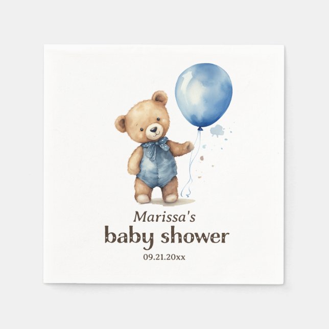 Custom Teddy Bear Baby Boy Shower Napkin (Front)