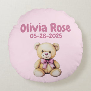 Custom Teddy Bear Baby Girl Name & DOB   Round Cushion