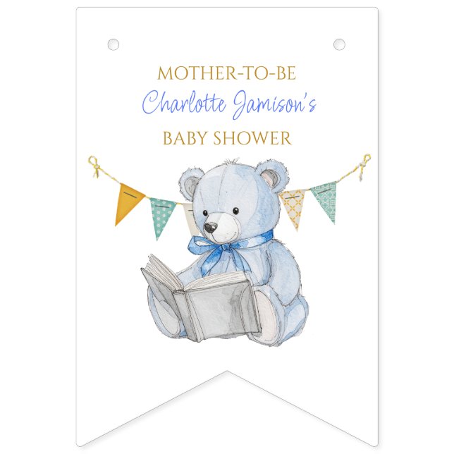 Custom Teddy Bear reading a book Baby Shower Bunting (First Flag)