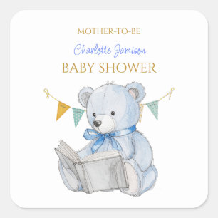 Custom Teddy Bear reading a book Baby Shower Square Sticker