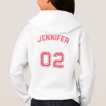Custom Teen Toddler Kids Girl Name Jersey Number<br><div class="desc">Create your own custom, personalised, cool, unisex sizing, modern, stylish girly pink typography / font / script, monogrammed player name jersey number white, warm, cosy, pullover hooded sweatshirt hoodie with two-ply head-warming hood, and oversized kangaroo pocket designed to keep little hands warm. Simply type in your name / kids name...</div>