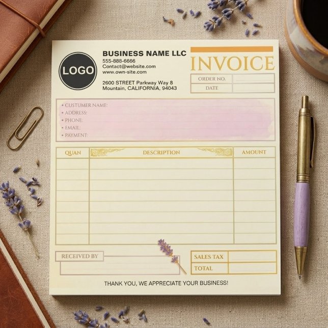 (Custom Template) Business Logo Invoice Sales Form Notepad (personalized company sales form template, branded yellow company receipt small business invoices)