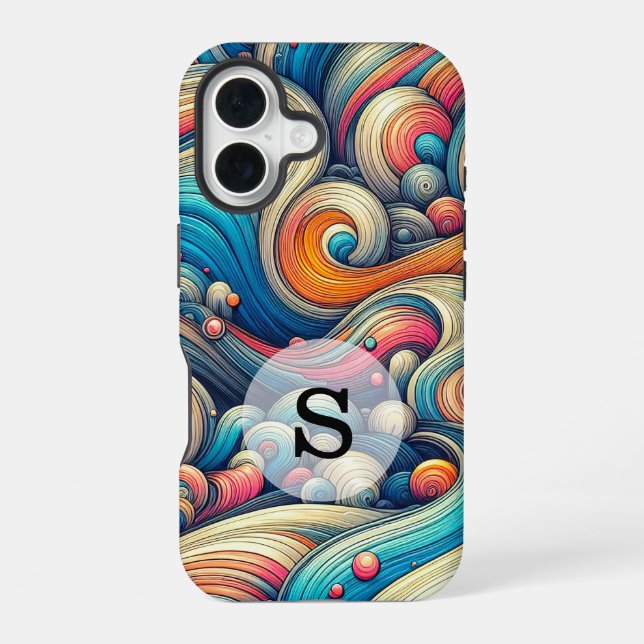 Custom Template Psychedelic Wavy Print iPhone 16 Case (Back)