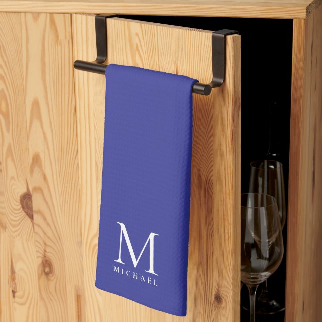 Custom Template Trendy Elegant Deep Blue Monogram Tea Towel (Thirds Fold)