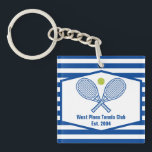 Custom Tennis Country Club Blue Striped<br><div class="desc">This classy modern country club keychain features tennis rackets and a ball above your tennis team name and established date. Blue and white striped gifts for your tennis players and country club members.</div>