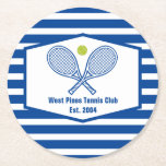 Custom Tennis Country Club Blue Striped Round Paper Coaster<br><div class="desc">This classy modern country club coaster features tennis rackets and a ball above your tennis team name and established date. Blue and white striped coasters for your tennis players and country club members.</div>