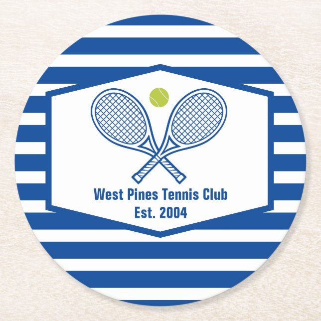 Custom Tennis Country Club Blue Striped Round Paper Coaster (Front)