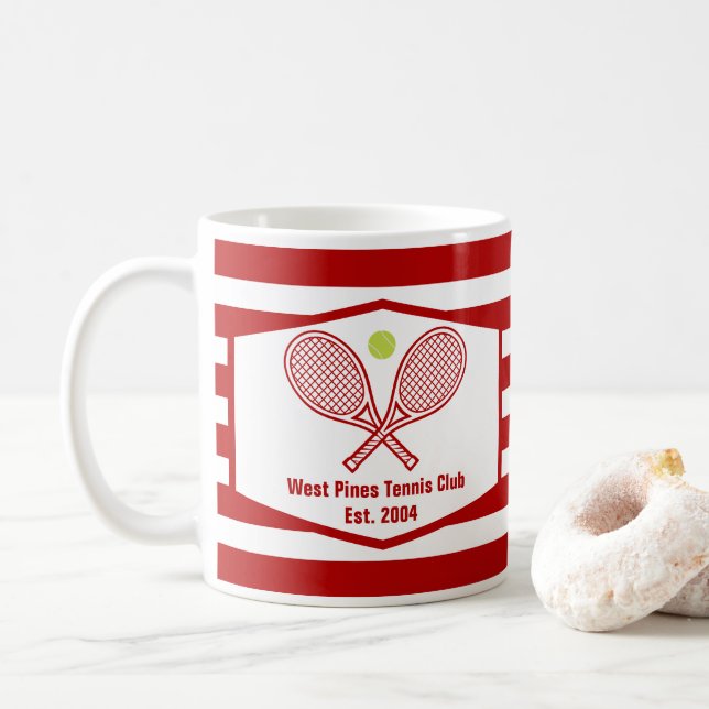 Custom Tennis Country Club Red Striped Coffee Mug (With Donut)