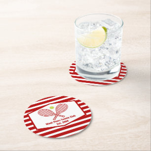 Custom Tennis Country Club Red Striped Round Paper Coaster