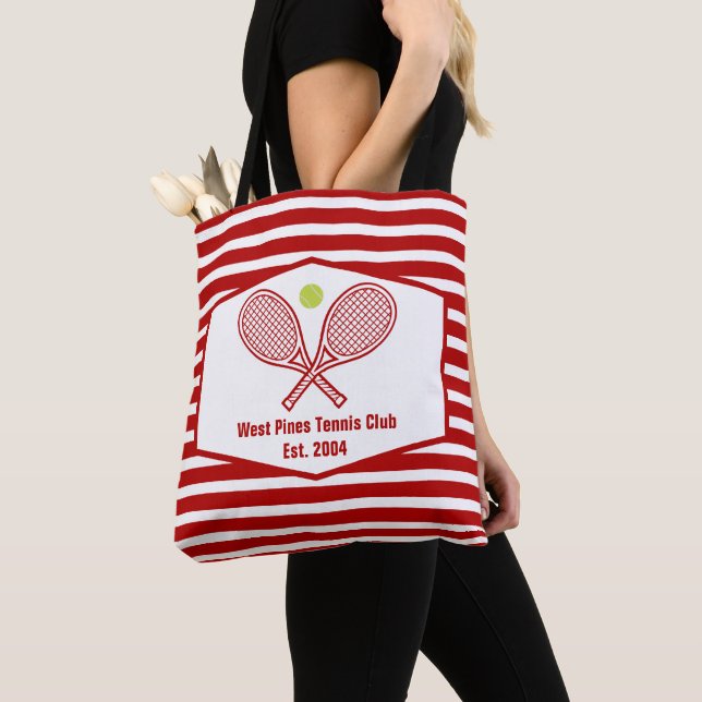 Custom Tennis Country Club Red Striped Tote Bag (Close Up)