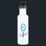 Custom Tennis Personalised Water Bottle White Blue<br><div class="desc">White Metal Travel Water Bottle with a teal blue and white Tennis Racket Monogram Design Personalised with your initial and name in an elegant script font. Change the fonts and colours to design your own tennis team player custom water bottle by clicking 'customise further' under the personalisation area.</div>