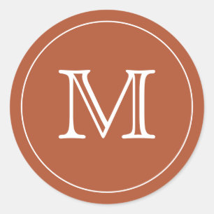 Custom TERRACOTTA White Monogram Letter Classic Round Sticker