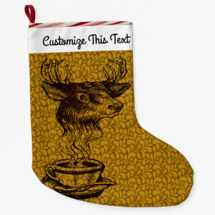 Custom Text/1960s 70s Abstract Coffee Deer Drawing Large Christmas Stocking