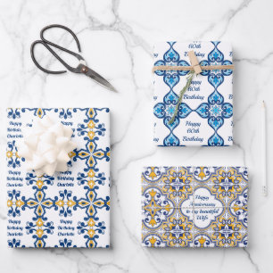 Custom text 💙💛 3 Blue and yellow Azulejos, Wrapping Paper Sheet