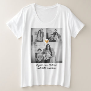 Custom Text / 3 Photos Gold Heart Black/White Plus Size T-Shirt