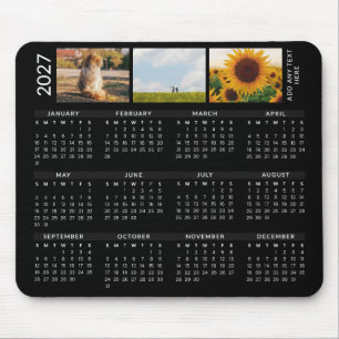 Custom Text & 3 Picture Modern Black 2027 Calendar Mouse Pad