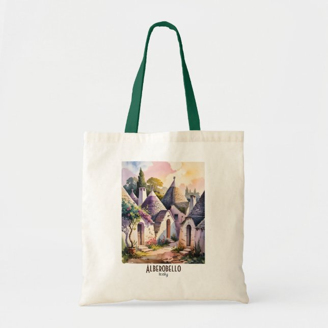 Custom Text Alberobello Italy Trulli Watercolor Tote Bag (Front)