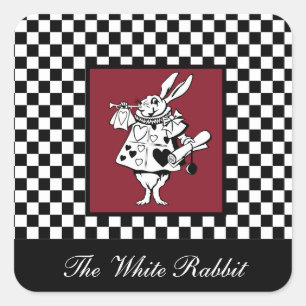 Custom Text Alice in Wonderland White Rabbit Check Square Sticker