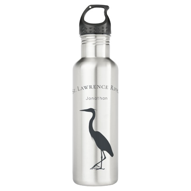 custom text and name Great Blue Heron silhouette 710 Ml Water Bottle (Front)