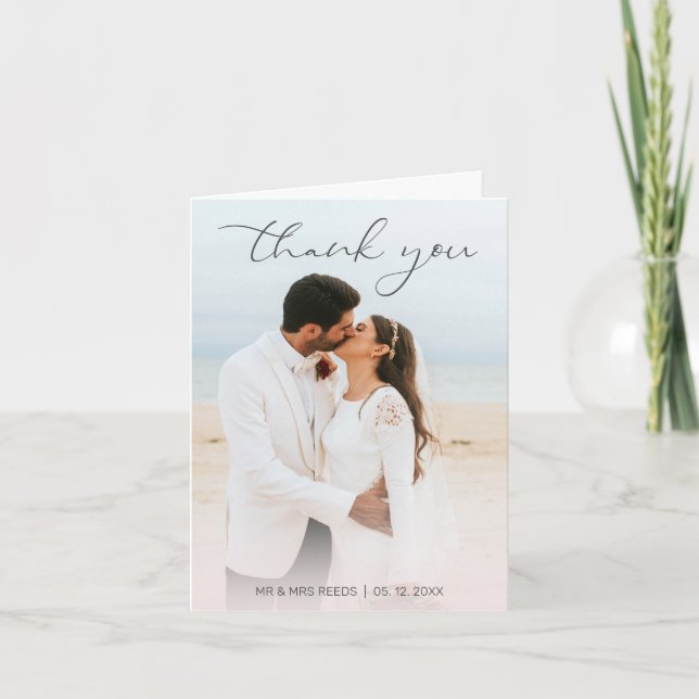 Custom Text and Photo  Script Minimalist Wedding Thank You Card (Front)