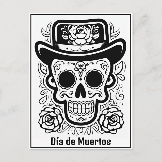 Custom text 💀 B/W (colour your own) Día de Muerto Postcard (Front)