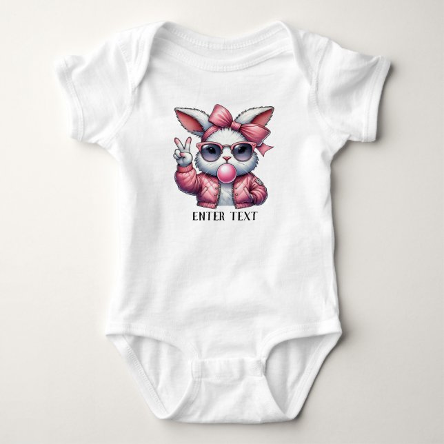 Custom Text Baby Girl Bunny Blowing Bubble Bodysuit (Front)