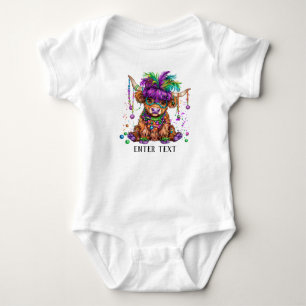 Custom Text Baby Girl Cute Mardi Gras Highland Cow Bodysuit