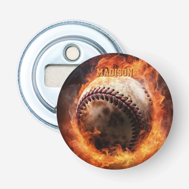 Custom Text Baseball on Fire Bottle Opener (Front)