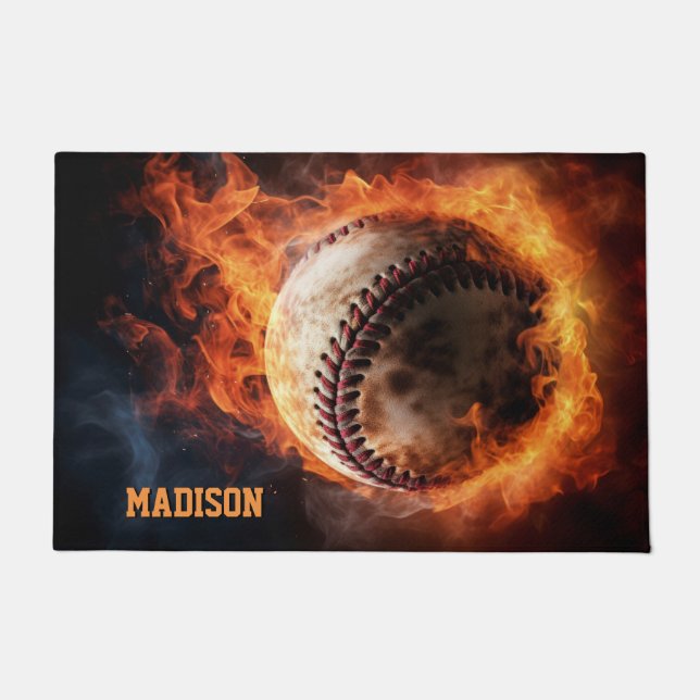 Custom Text Baseball on Fire Doormat (Front)