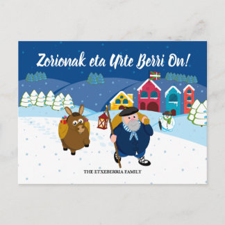 Custom text Basque Olentzero Christmas snow scene: Holiday Postcard