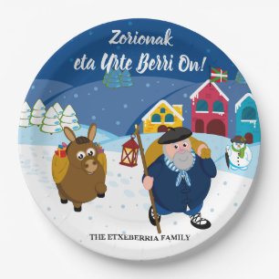 Custom text Basque Olentzero Christmas snow scene: Paper Plate