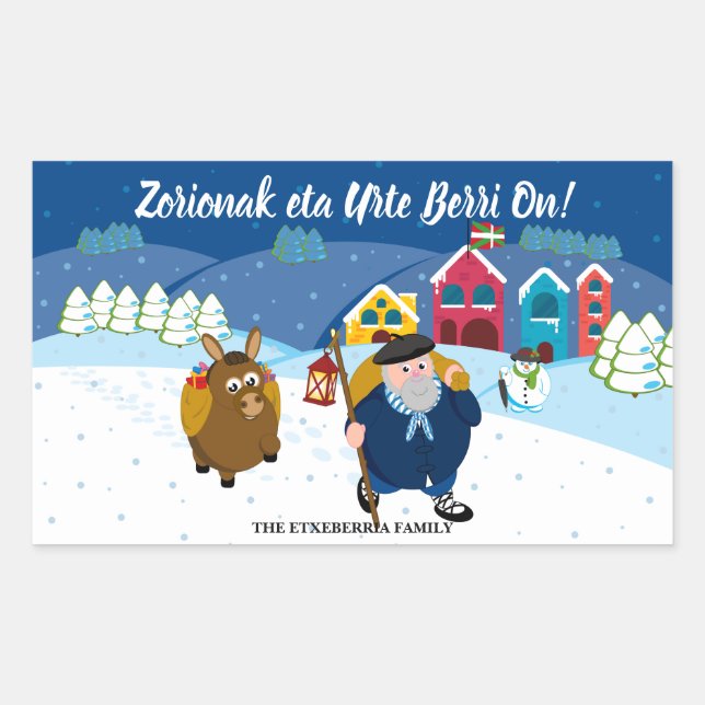 Custom text Basque Olentzero Christmas snow scene: Rectangular Sticker (Front)