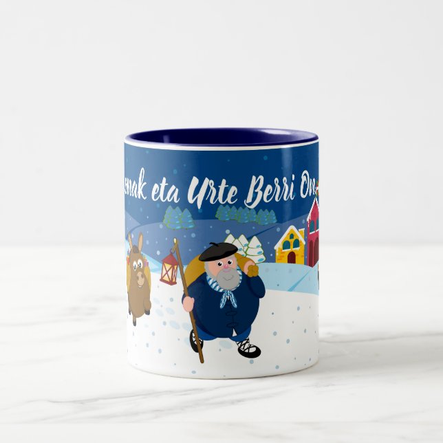 Custom text Basque Olentzero Christmas snow scene: Two-Tone Coffee Mug (Center)