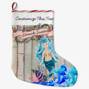 Custom Text/ Beach Island Ocean Mermaid Glitter Large Christmas Stocking