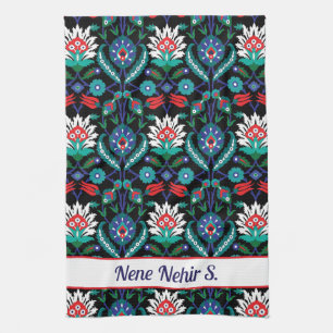 Custom text 💙❤️🖤 Beautiful Iznik Turkish pattern Tea Towel