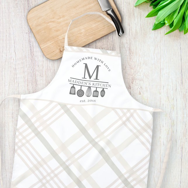 Custom Text | Beige White Buffalo Plaid Monogram Apron (Creator Uploaded)