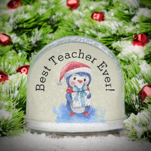 Custom Text, Best Teacher Watercolor Blue Penguin Snowglobe