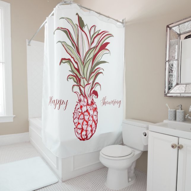 Custom text Big pineapple Pink White Cute Shower Curtain (In Situ)