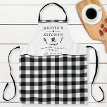 Custom Text, Black and White Buffalo Plaid Kitchen Apron<br><div class="desc">Make you own this beautiful black and white chequered pattern apron,  with ability to customise all four text areas with your own message! Design with beautiful area for your text,  enhanced with spatula,  mixing bowls,  fork and whisk details. Unique great gift idea!</div>