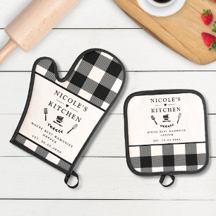 Custom Text, Black and White Buffalo Plaid Oven Mitt & Pot Holder Set
