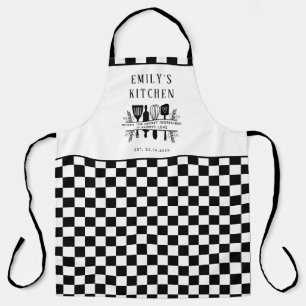 Custom Text, Black and White Chequered Plaid Kitch Apron