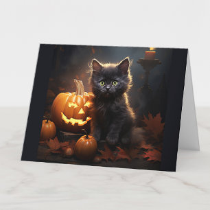 Custom Text, Black Kitten & Pumpkins Halloween Card